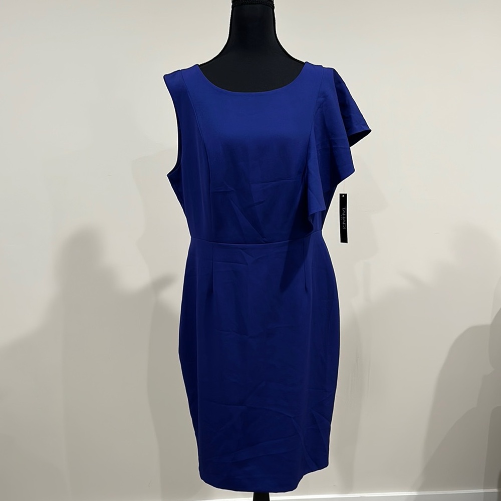 Tahari ASL Blue Asymmetrical One Shoulder Sheath Dress